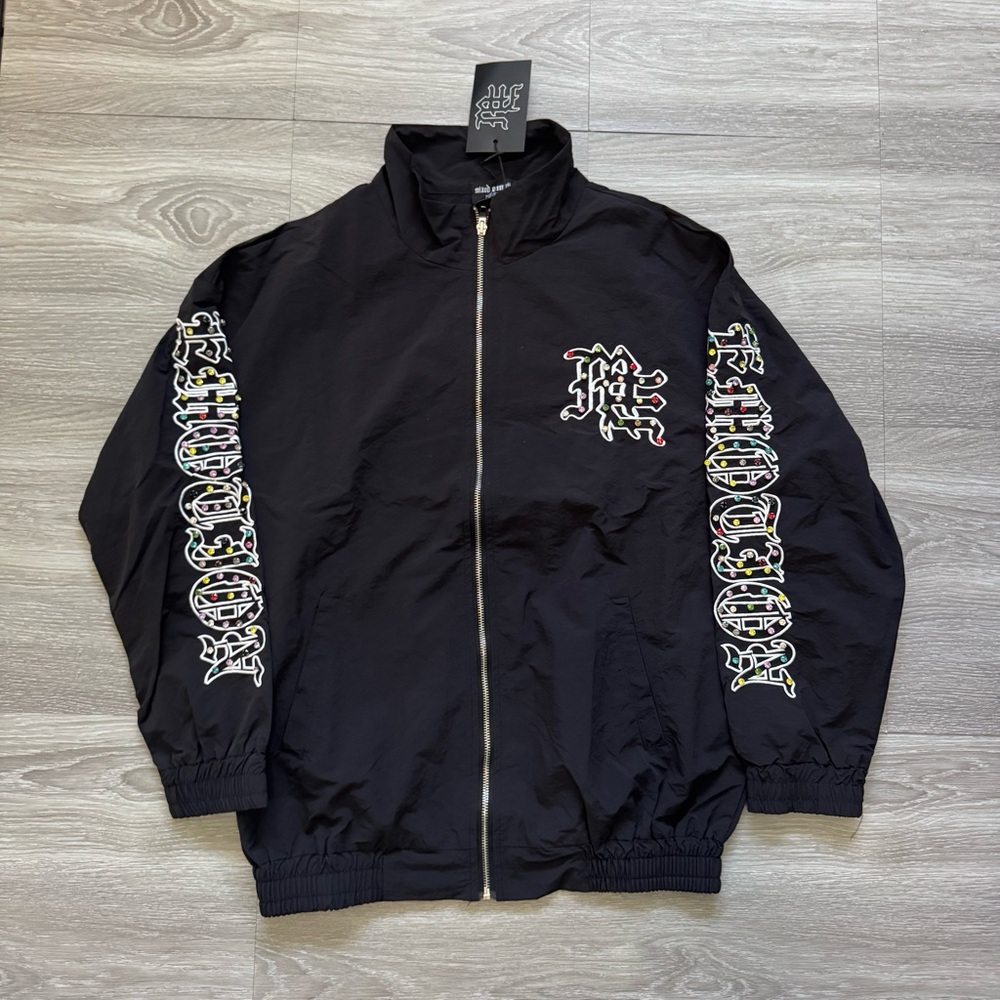 Mixed Emotion Rhinestone Track Jacket Black Size L Nylon Zip Jacket New